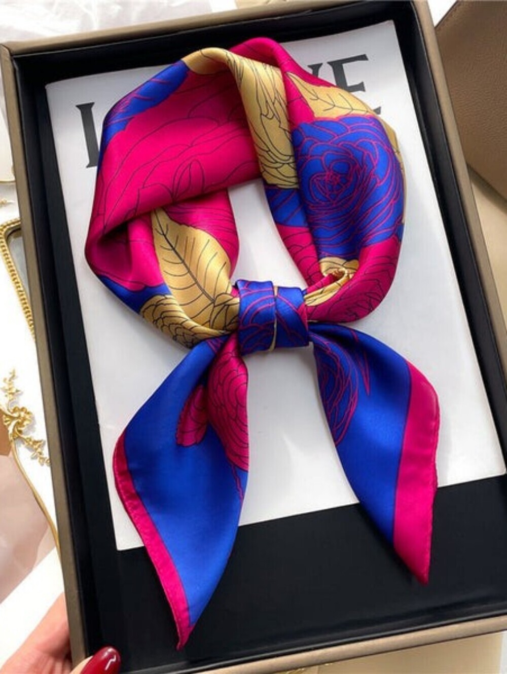 Silk-Feel Pink & Blue Floral Scarf Head Scarf , Neck Scarf 70×70cm